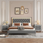 3-Pieces Bedroom Set, Queen Size Upholstered Platform Bed with LED Lights and Two Nightstands - Gray