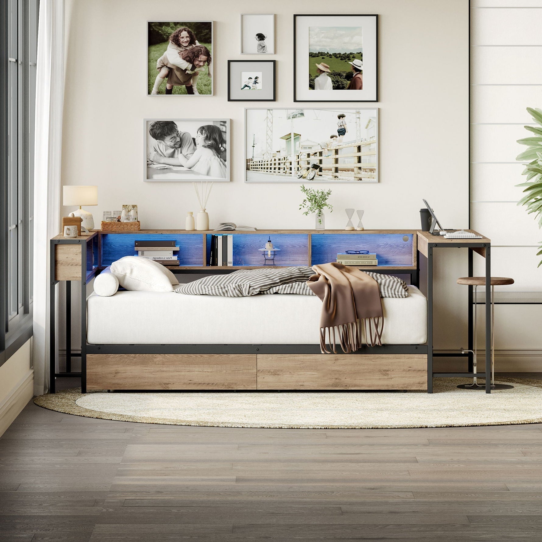 Corner Bed Frame Twin Size With Bookcase And 2 Underbed Storage Drawers, Modern Twin Bed With LED Light And Charging Station, Modern Daybed Reversible Left Or Right - Gray