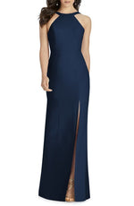 Dessy Collection Cutaway Shoulder Crepe Column Gown in Midnight, Size 14