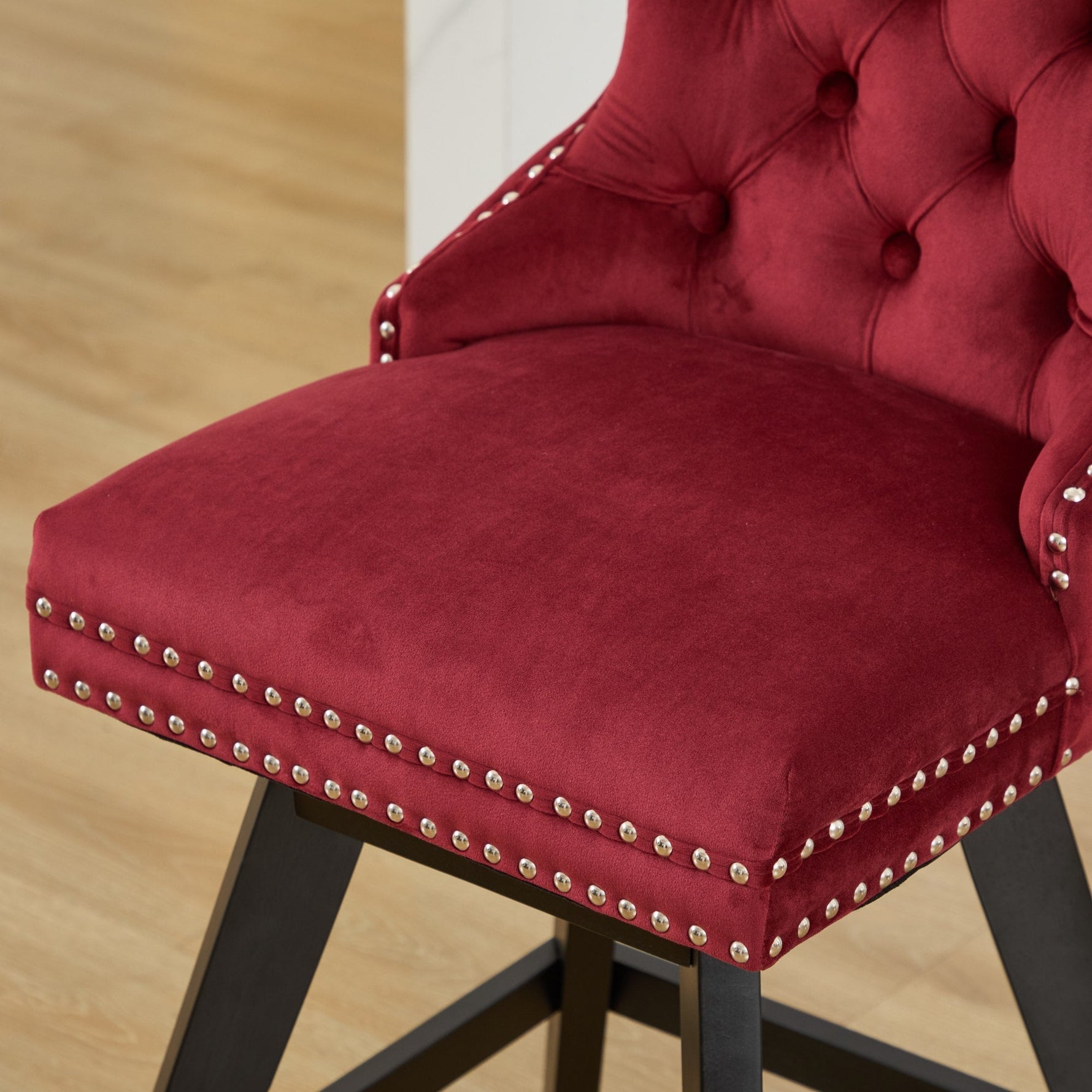 Swivel Velvet Barstools with Button Tufted Decoration - Set of 2 (Wine Red)