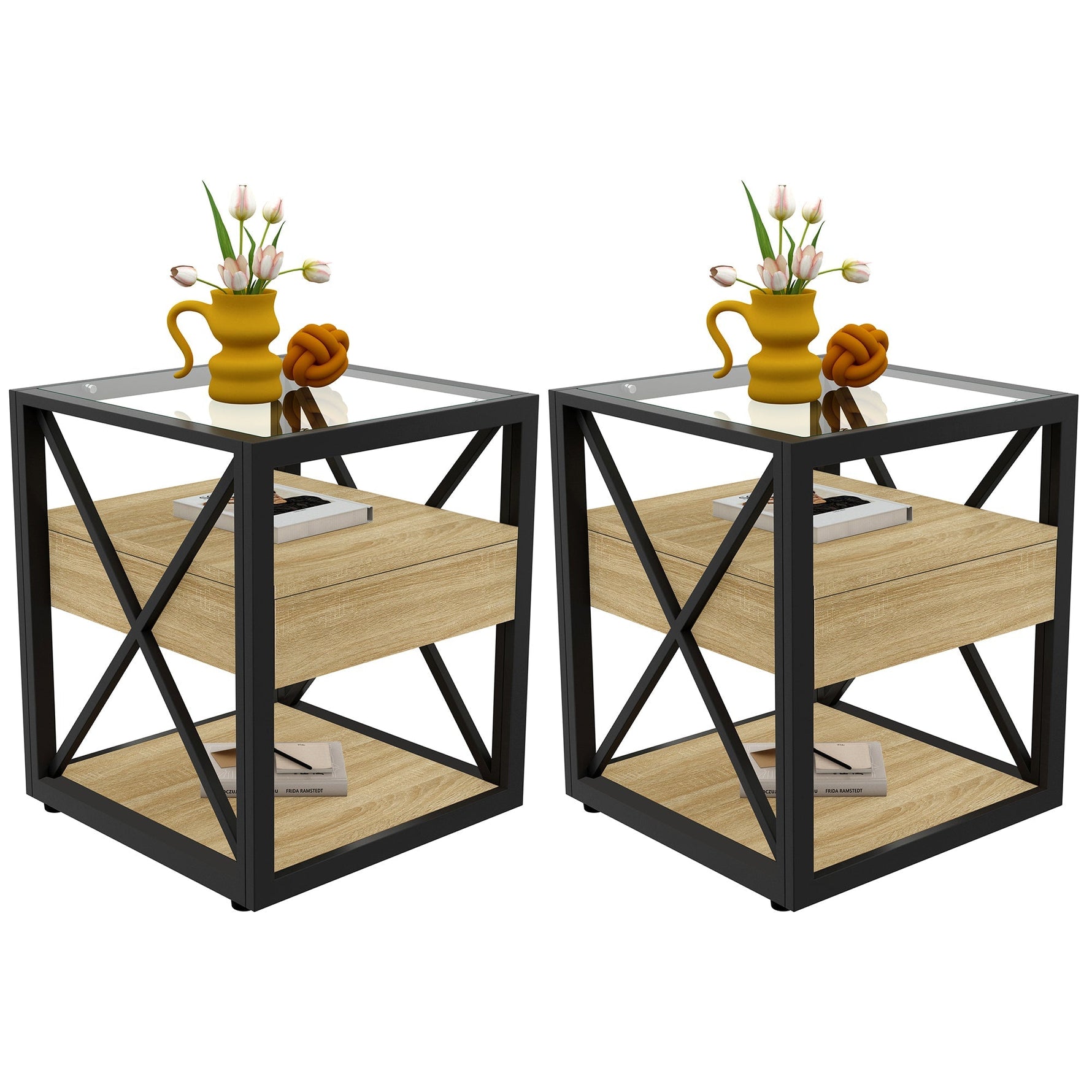 Set of 2 Modern End Tables with Drawer - Nightstands for Bedroom & Living Room