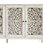 60" Antique Buffet Cabinet with Floral Carvings and Solid Wood Legs