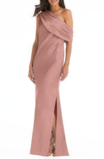 Social Bridesmaids Draped One-Shoulder Convertible Column Gown in Desert Rose, Size X-Large