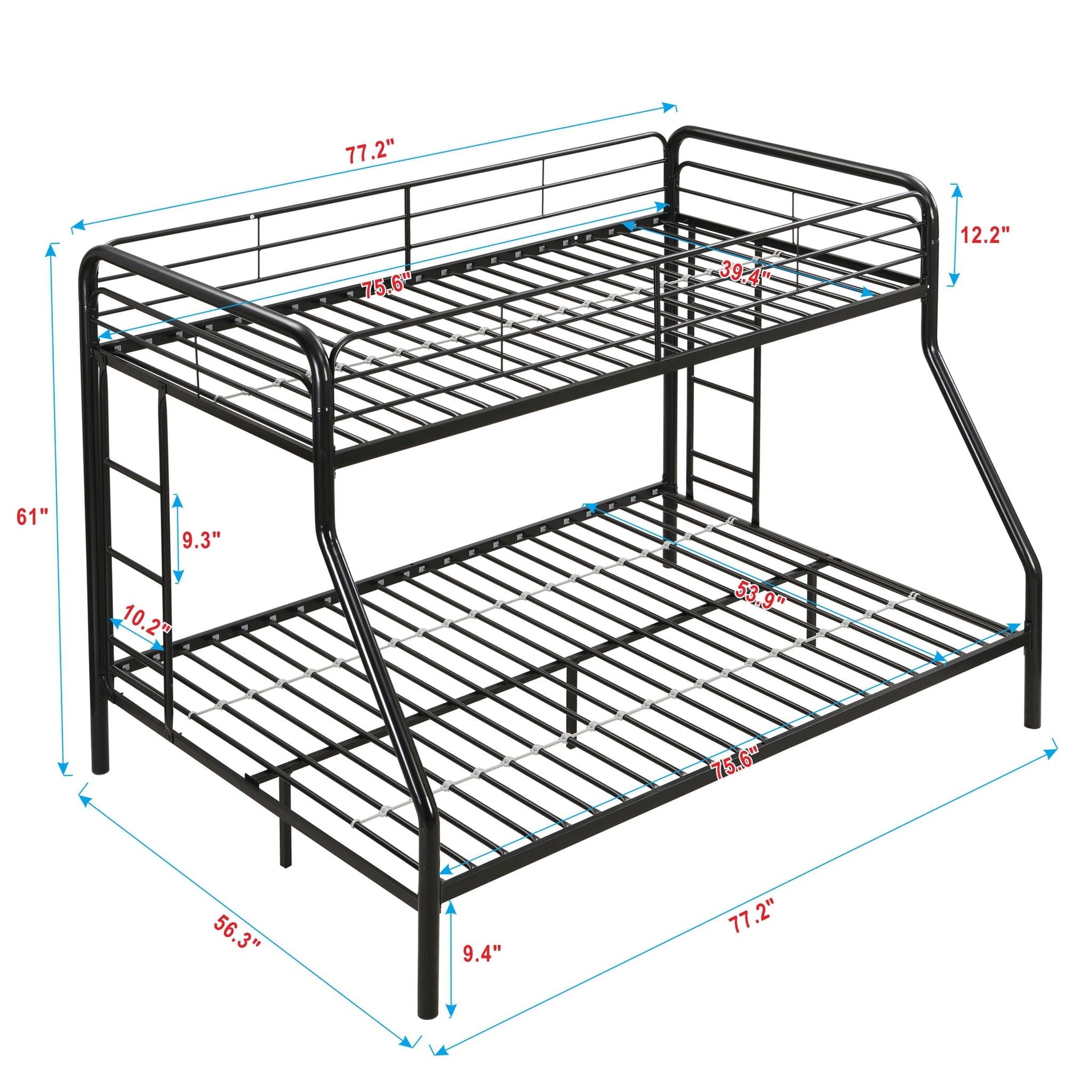 Modern Twin Over Full Metal Bunk Bed with Trundle and Dual Side Ladders