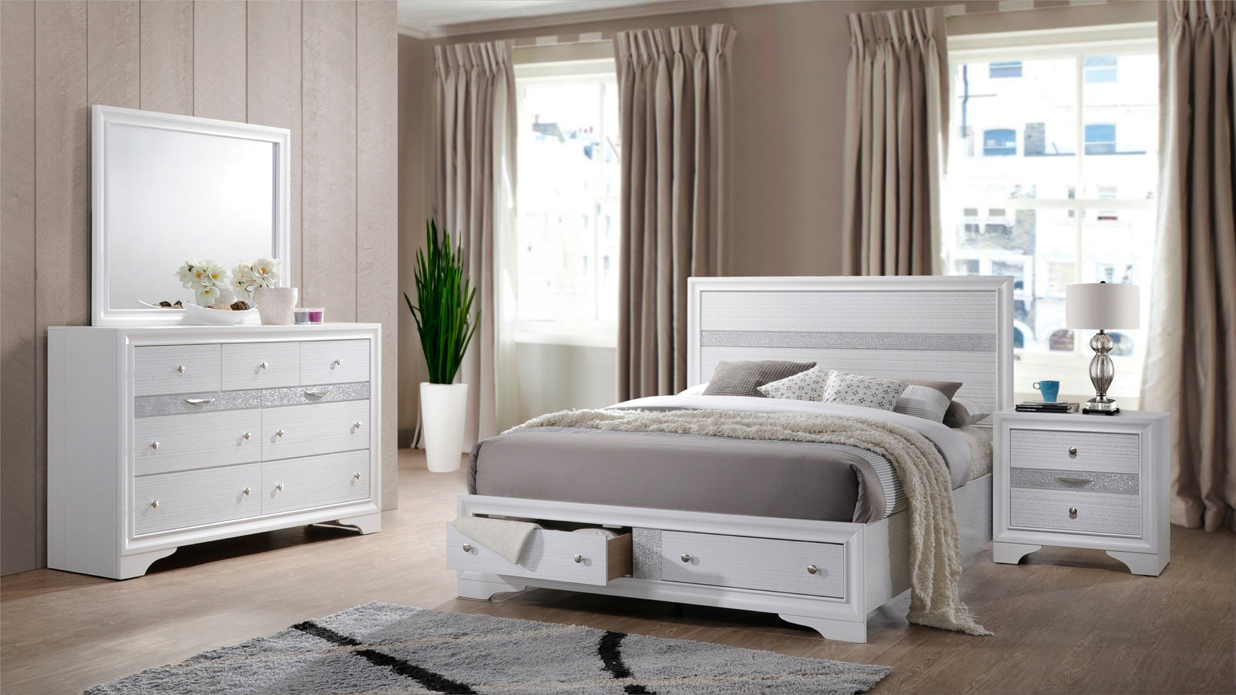 Traditional Style Queen 4 Pc Storage Bedroom Set Made with Wood in White
