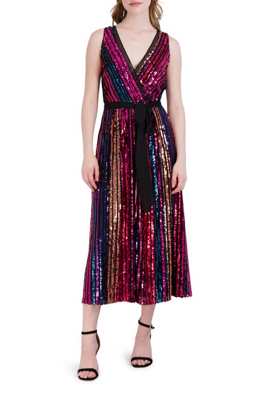 Julia Jordan Rainbow Sequin Stripe Fit & Flare Cocktail Dress in Pink Multi, Size 4