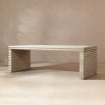 Veda 94' Reclaimed Wood Stacked Geometric Waterfall Dining Table, Seats up to 8, Whitewashed Natural Reclaimed Pine Wood