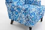 Upholstered Accent Chair with Blue and White Porcelain Print Linen Fabric