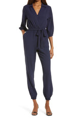 Fraiche by J Tie Waist Long Sleeve Jumpsuit in Navy, Size Large