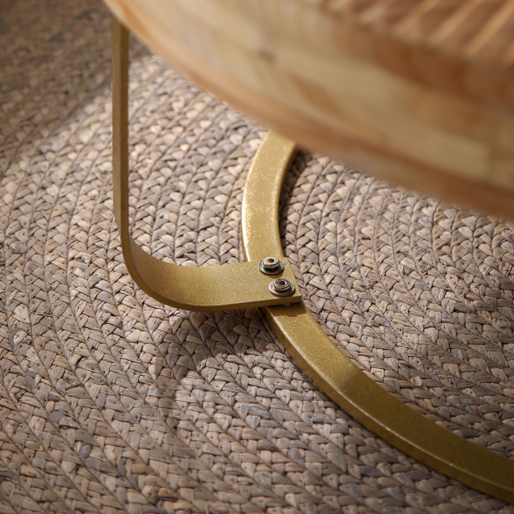 Modern Round Coffee Table with Wooden Carving Pattern and Metal Legs