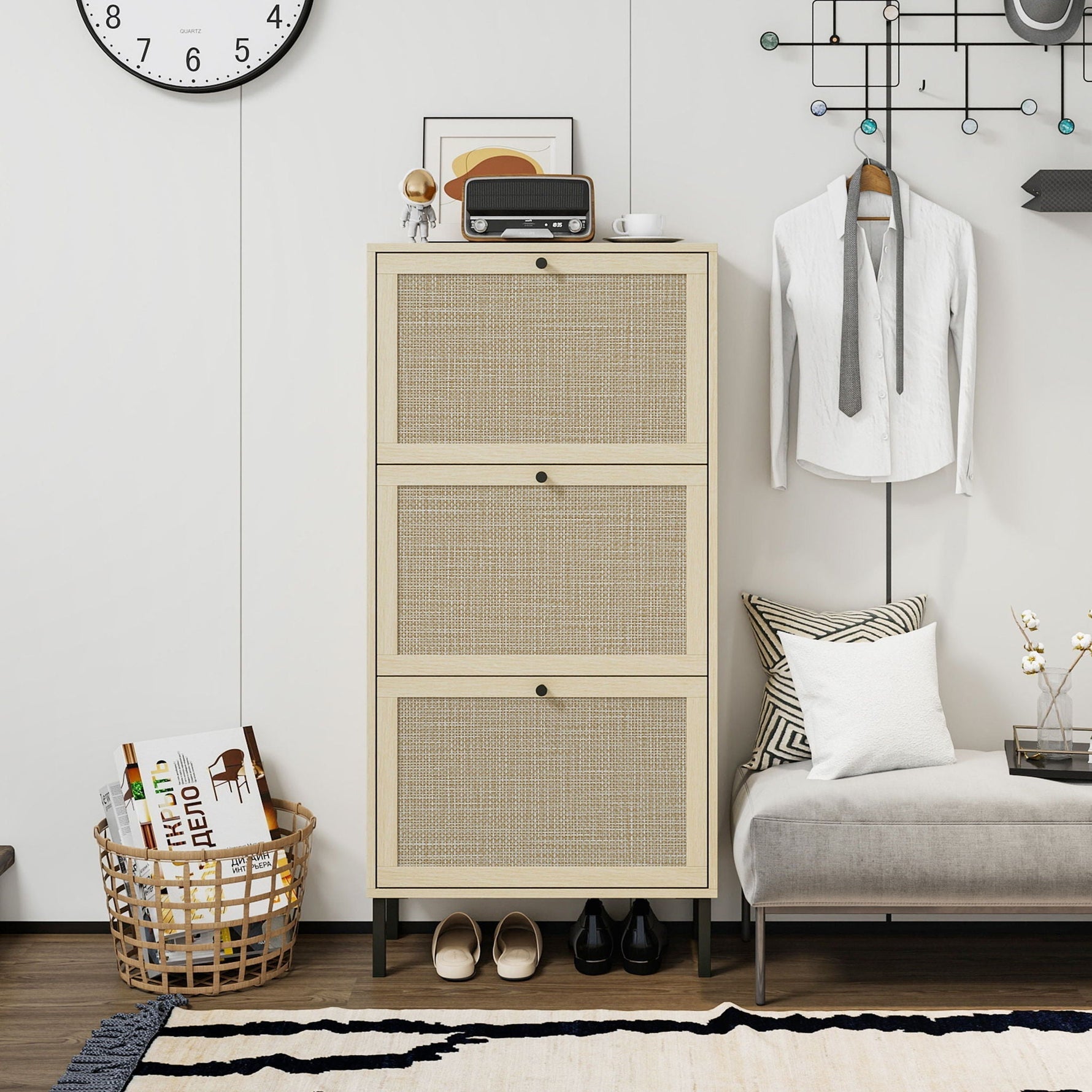 Modern Rattan 3 Door Shoe Rack Cabinet for Entryway
