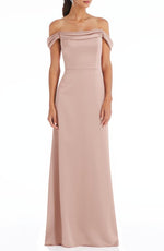 Dessy Collection Off the Shoulder A-Line Charmeuse Gown in Toasted Sugar , Size 14