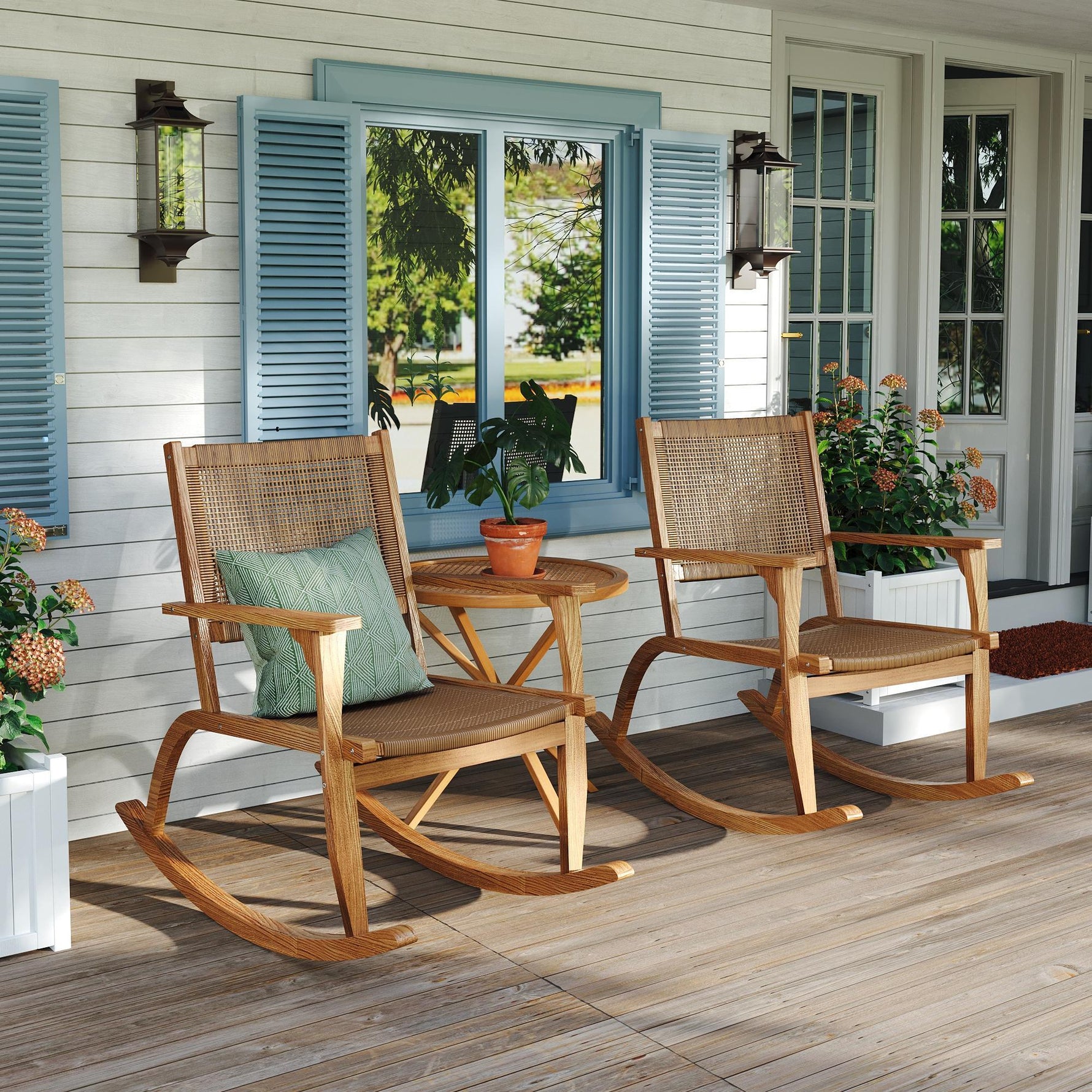 GO 2 Pieces Patio Rocking Chair Set, Natural Acacia Wood and Wicker