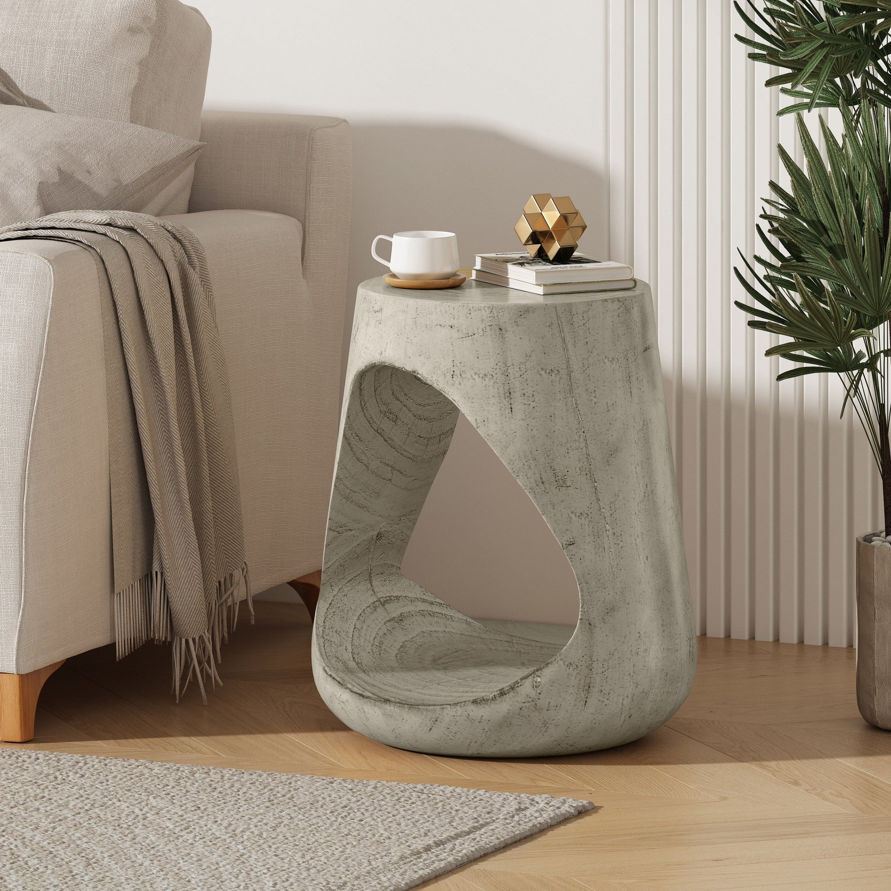 Hollow Side Table Wood-Like Texture Grey