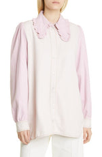 Ganni Cutline Frill Collar Overdyed Denim Shirt Light Lilac Size 2 US