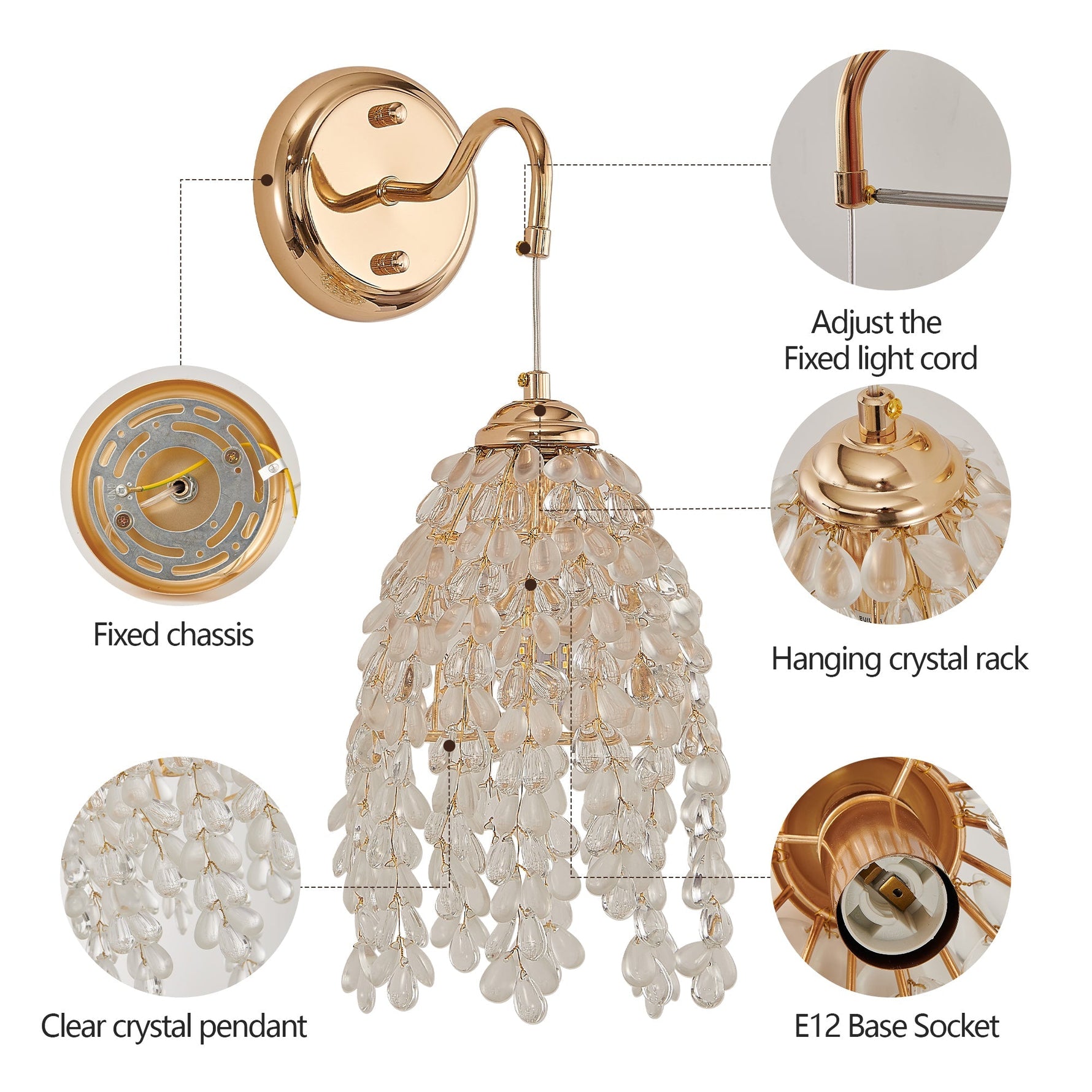 Set of 2 Gold Frame Crystal Grape-Shaped Bead Wall Sconces