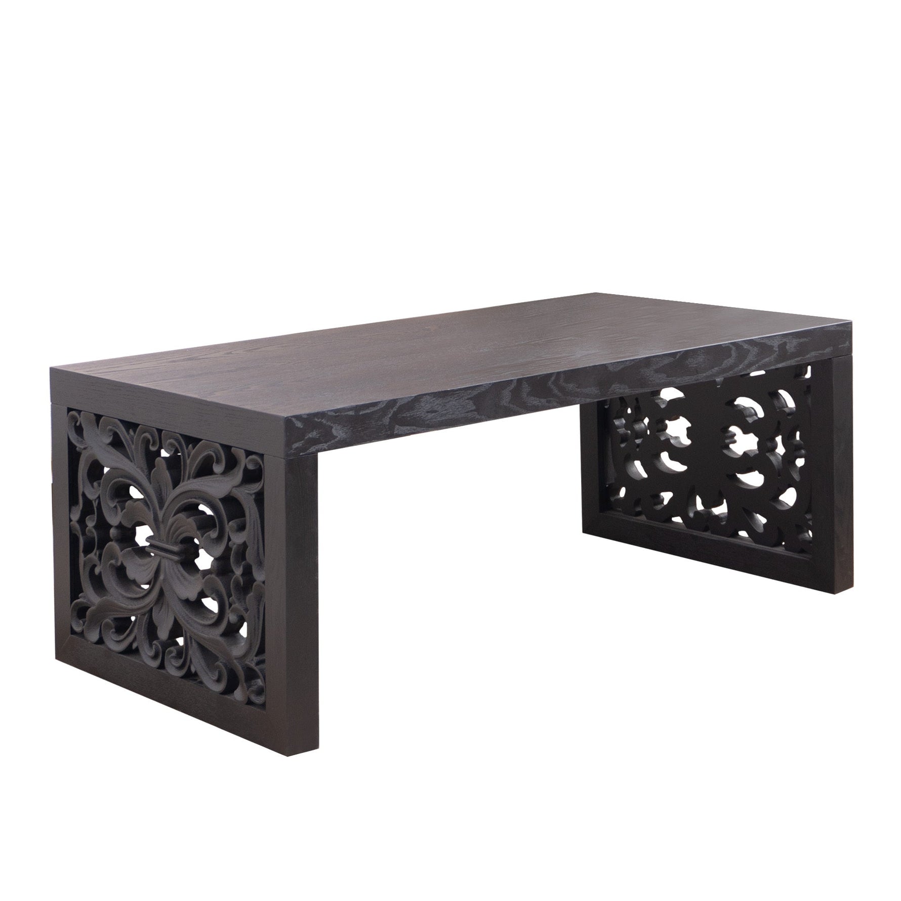 47.2" Solid Black Carved Wood Coffee Table – Handcrafted Look with Ornate Side Panels