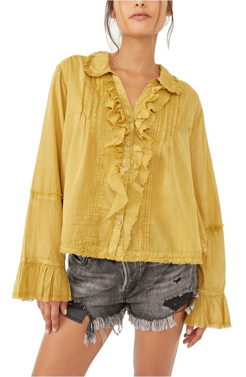 Free People Savannah Ruffle Button-Up Shirt in Ochre Earth, Size X-Small