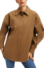 Good American Cotton Blend Button-Down Shirt in Sepia, Size 1