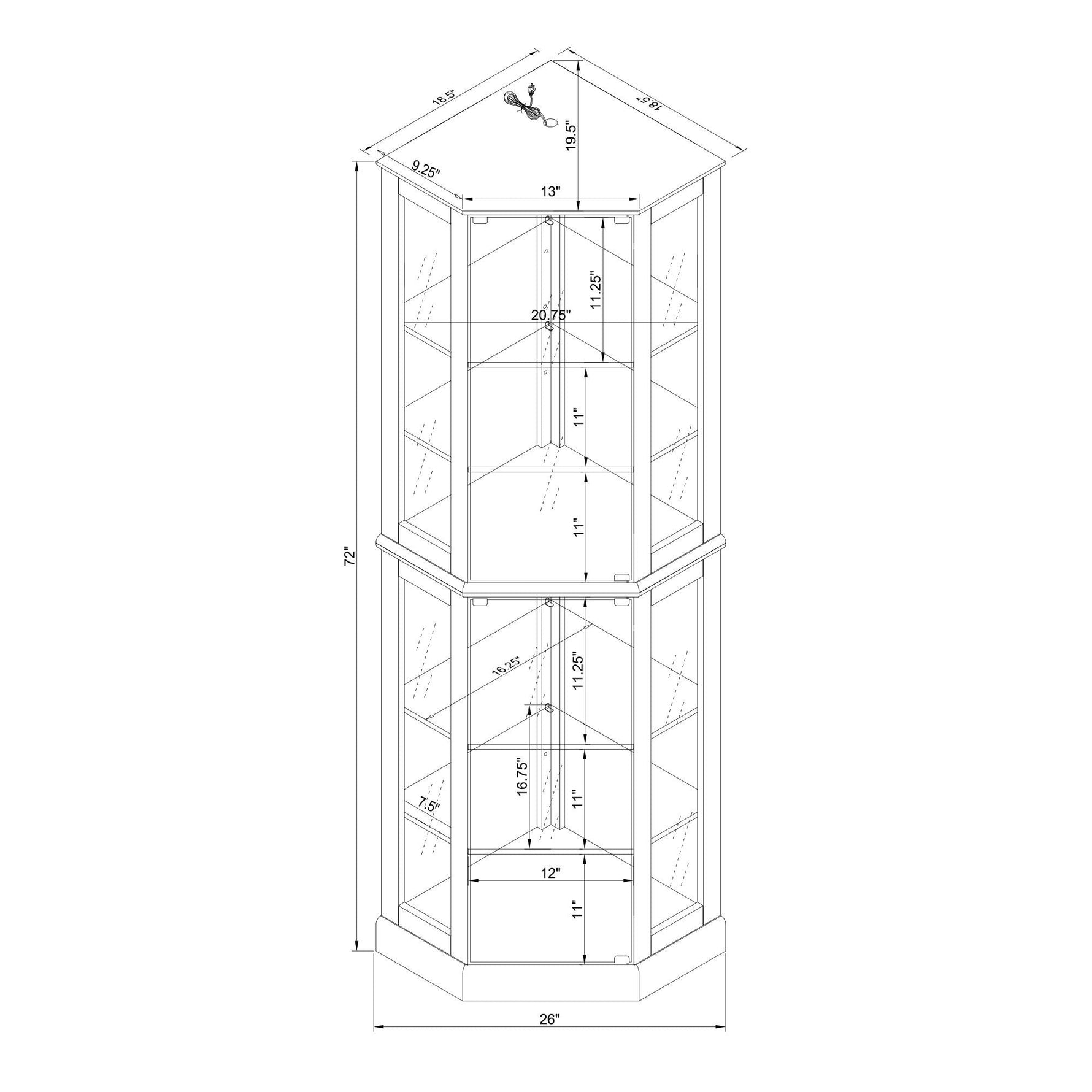 6 Shelf Corner Curio Display Cabinet With Lights, Mirrors And Adjustable Shelves