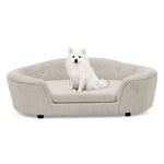 OVERSIZED Size Oval Semi-Enclosed Dog Sofa - Durable Linen Material, Button-Tufted Backrest, High-Center Low-Sides Support & Plush Comfort-Beige