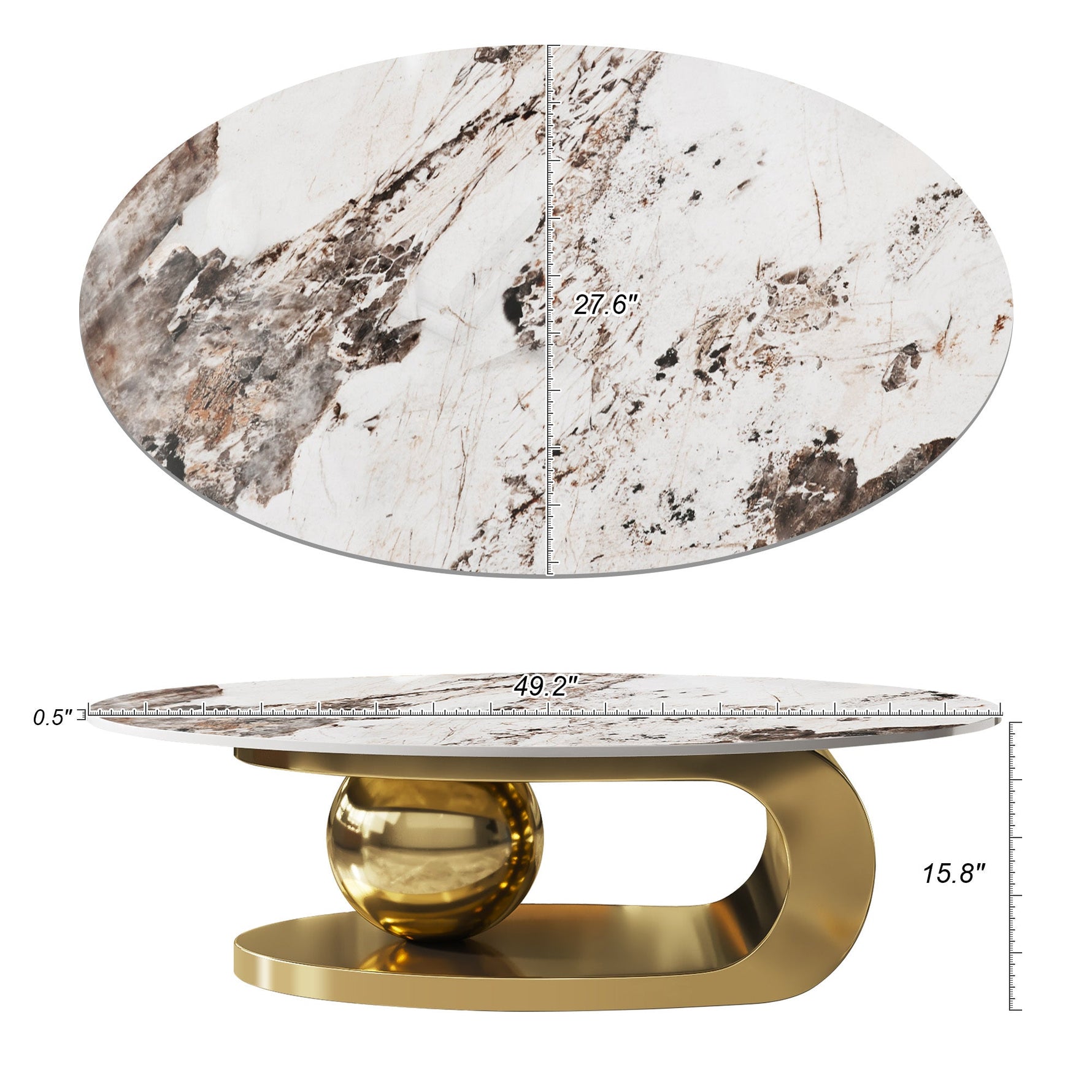 49.2 Inches Oval Faux Marble Coffee Table for Living Room with Stainless Steel Base