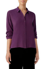 Eileen Fisher Classic Collar Easy Silk Button-Up Shirt in Sweet Plum, Size Large