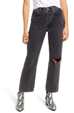 Women's Topshop Chicago Ripped Knee High Waist Dad Jeans, Size 29 - Black