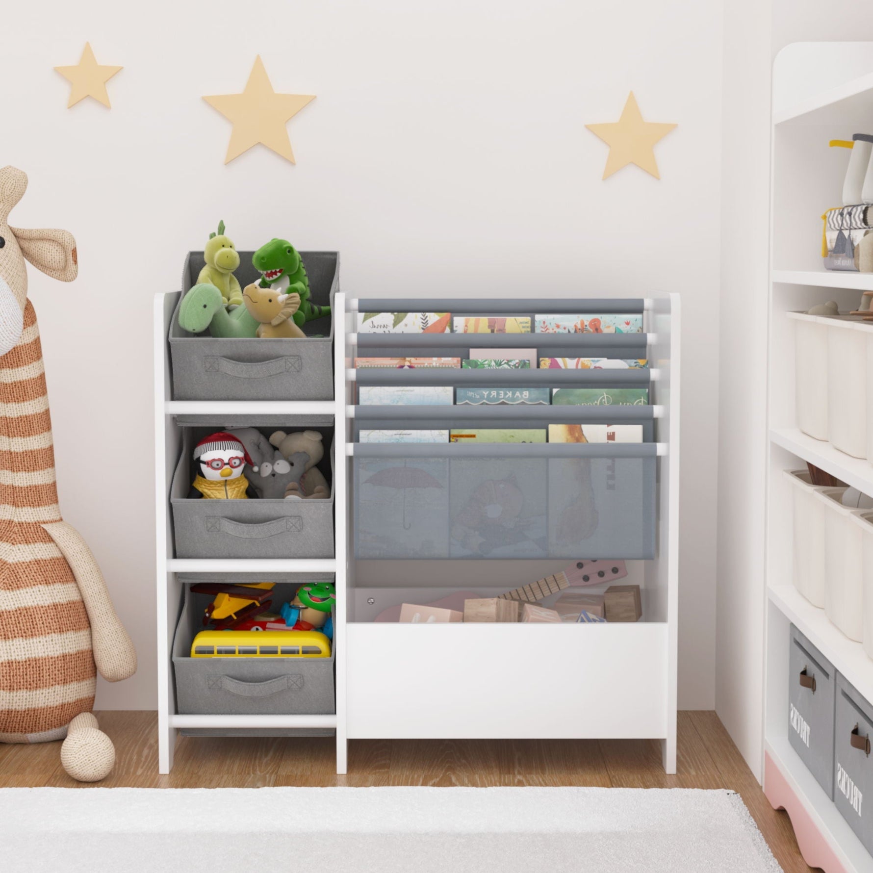 Bookshelf And Toy Storage Organizer, Multifunctional 4 Tier With 3 Collapsible Drawers - White