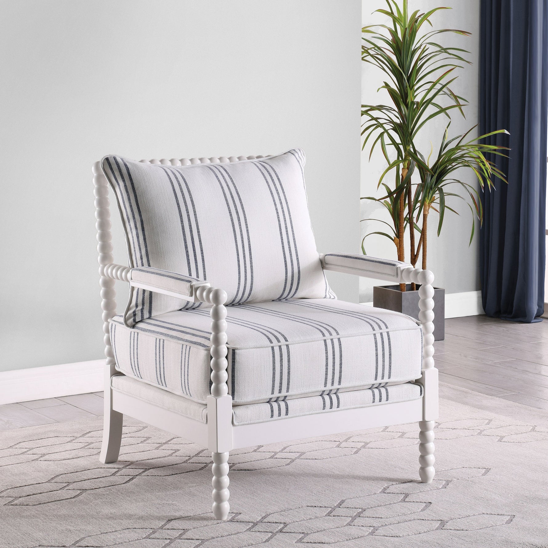 White and Navy Upholstered Stripe Accent Chair with Linen-Like Fabric