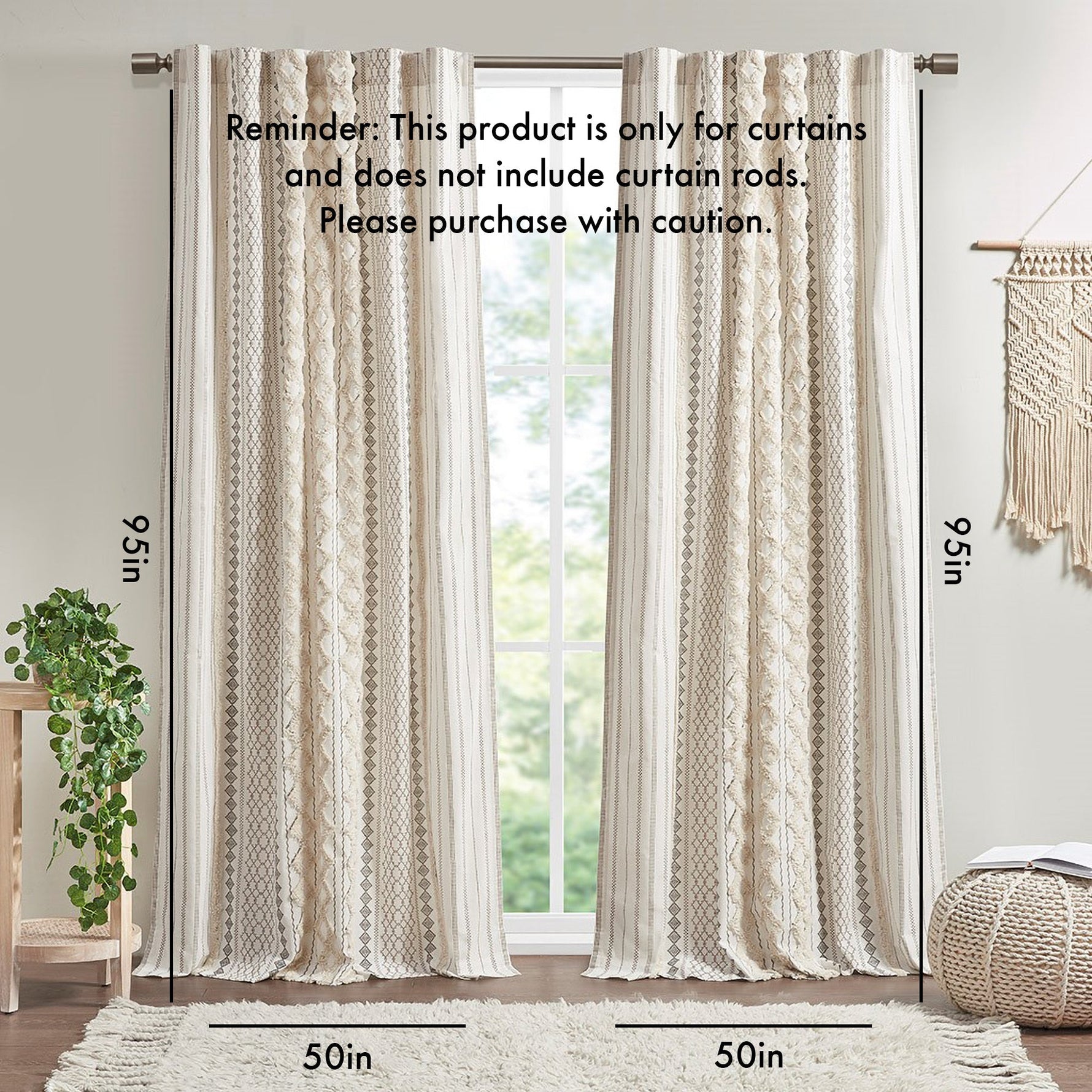 Cotton Printed Curtain Panel with Chenille Stripe and Lining Ivory 50x95