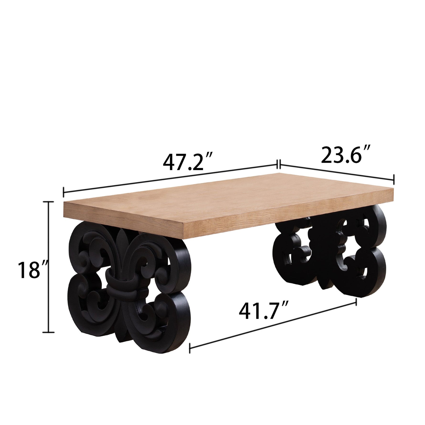 Black Scroll Base Coffee Table – 47" Rectangular Wood Living Room Table