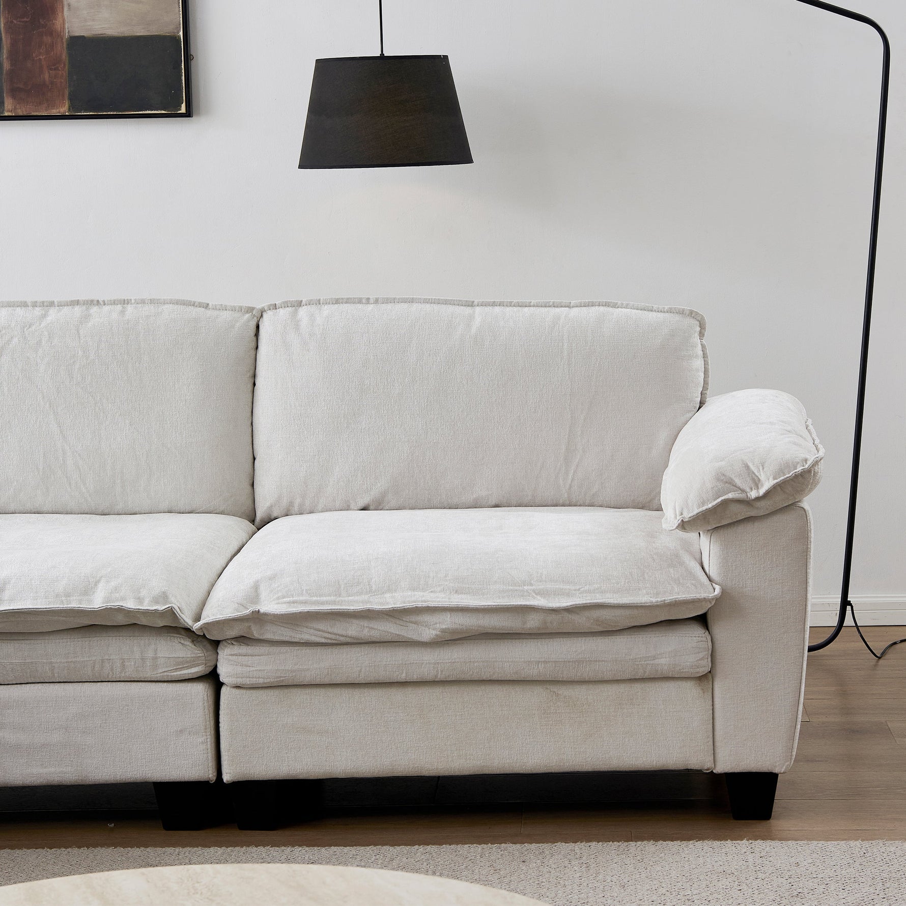 Living Room Sofa Luxury Couch with Ottoman in Soft Chenille Beige