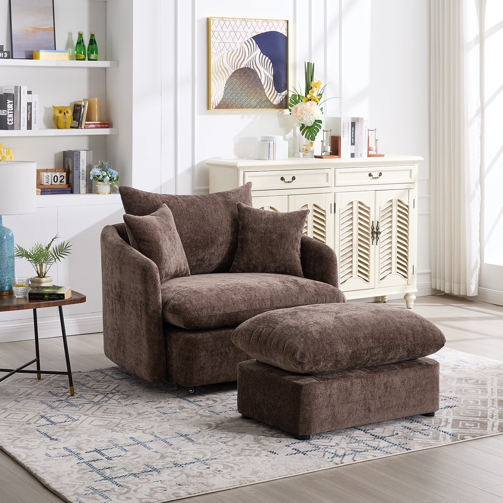 46.1" W Upholstered Oversized Swivel Accent Chair with Ottoman