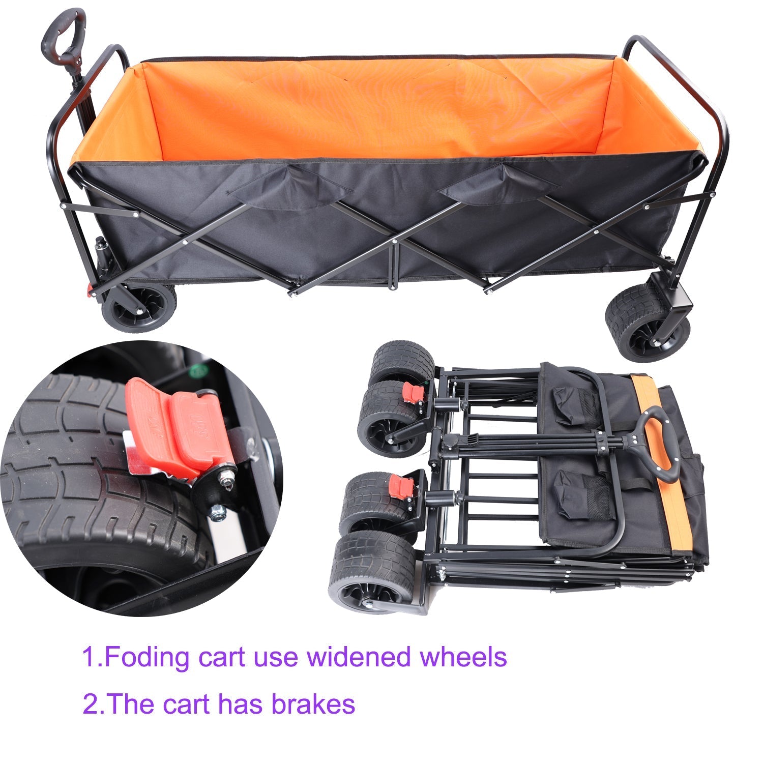 Big Large Capacity Folding Wagon Cart with Extender (Black + Orange)