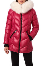 Bernardo Cire Quilted Hooded Parka with Faux Fur Trim in Beetroot, Size Medium