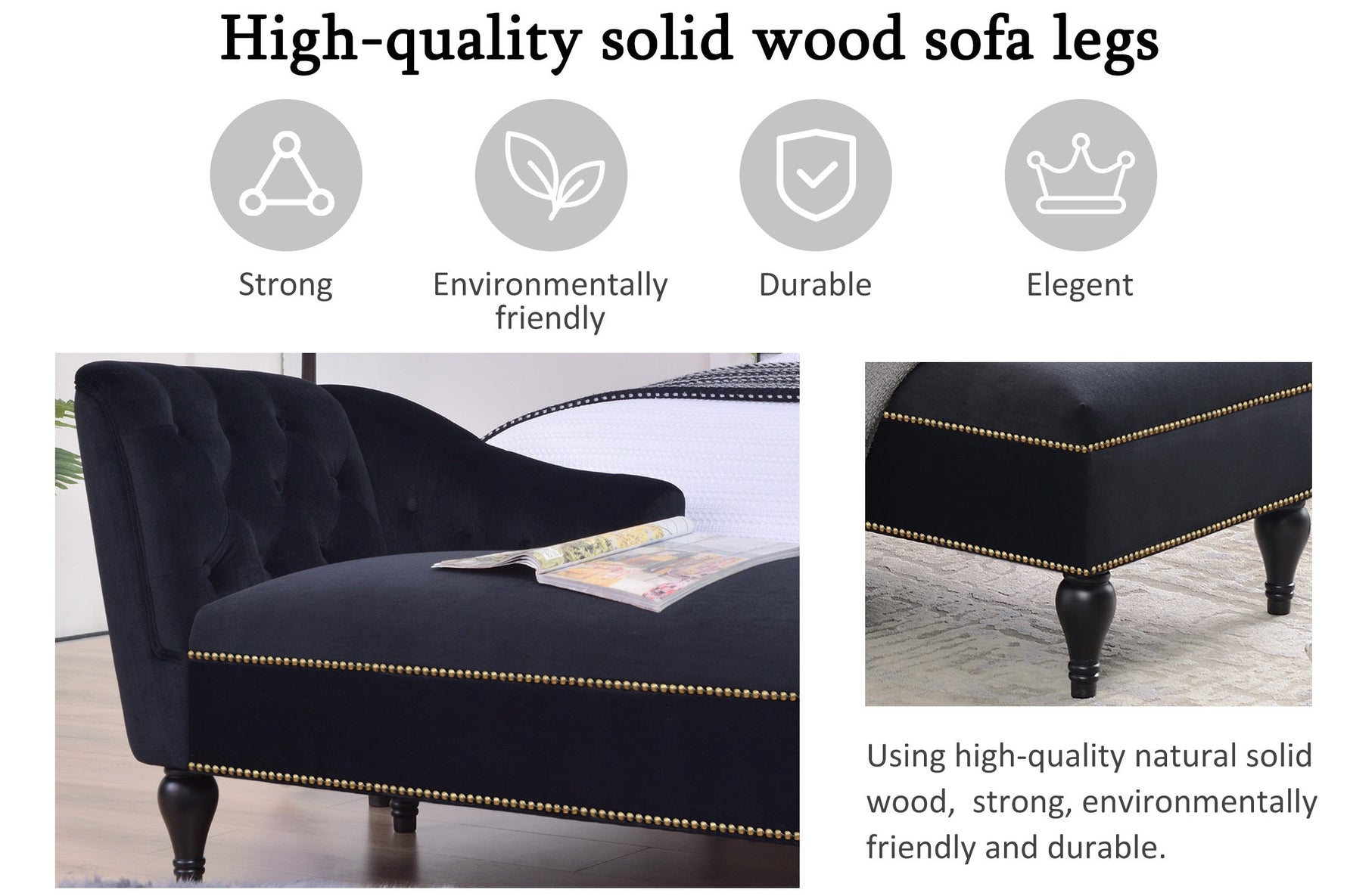 58" Velvet Chaise Lounge with Nailhead Trim and Solid Wood Legs