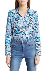 Rails Lisa Floral Ruched Button-Up Blouse in Zinnia, Size Medium