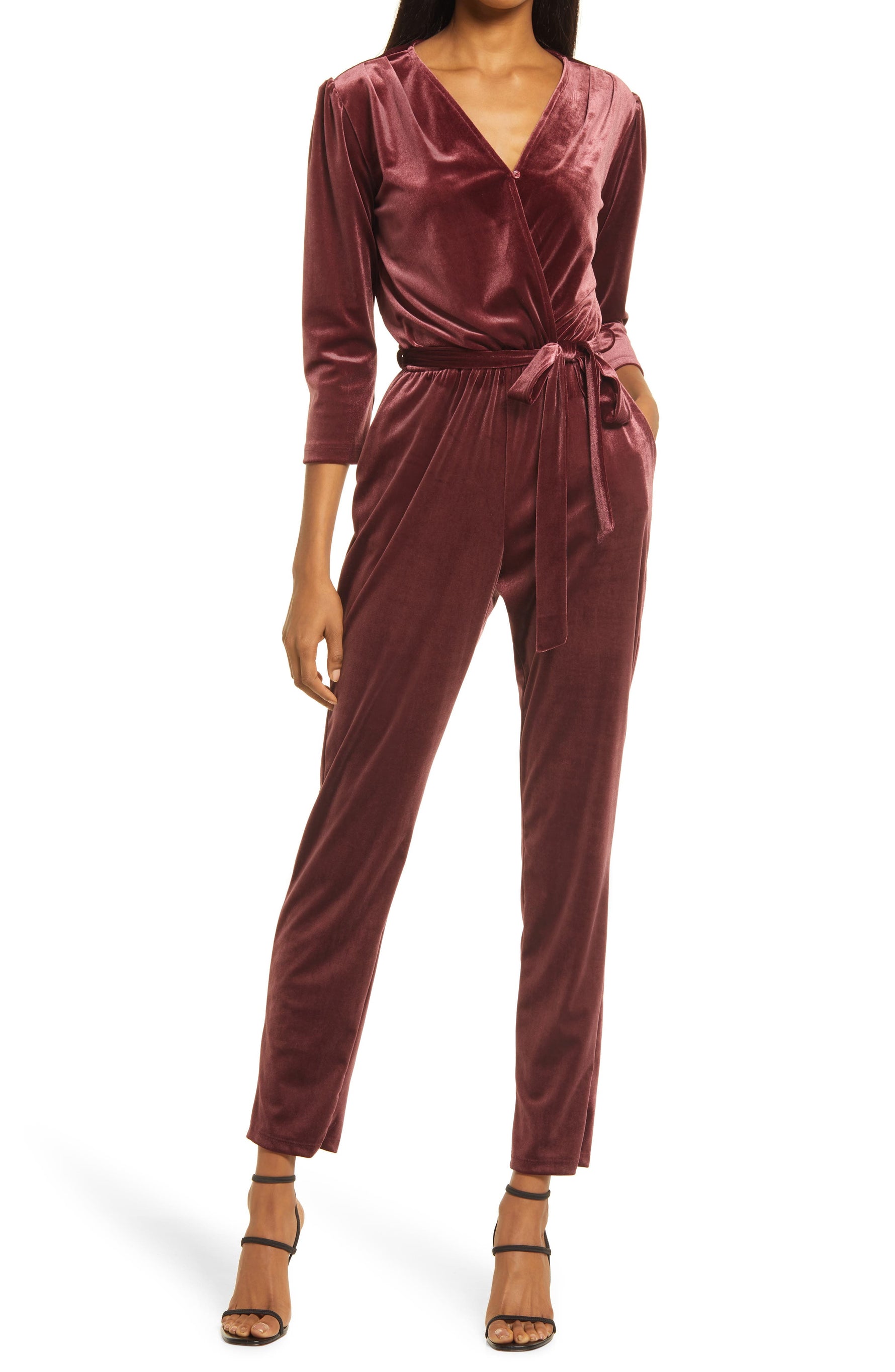 Fraiche by J Velvet Tie Waist Jumpsuit in Berry, Size Medium