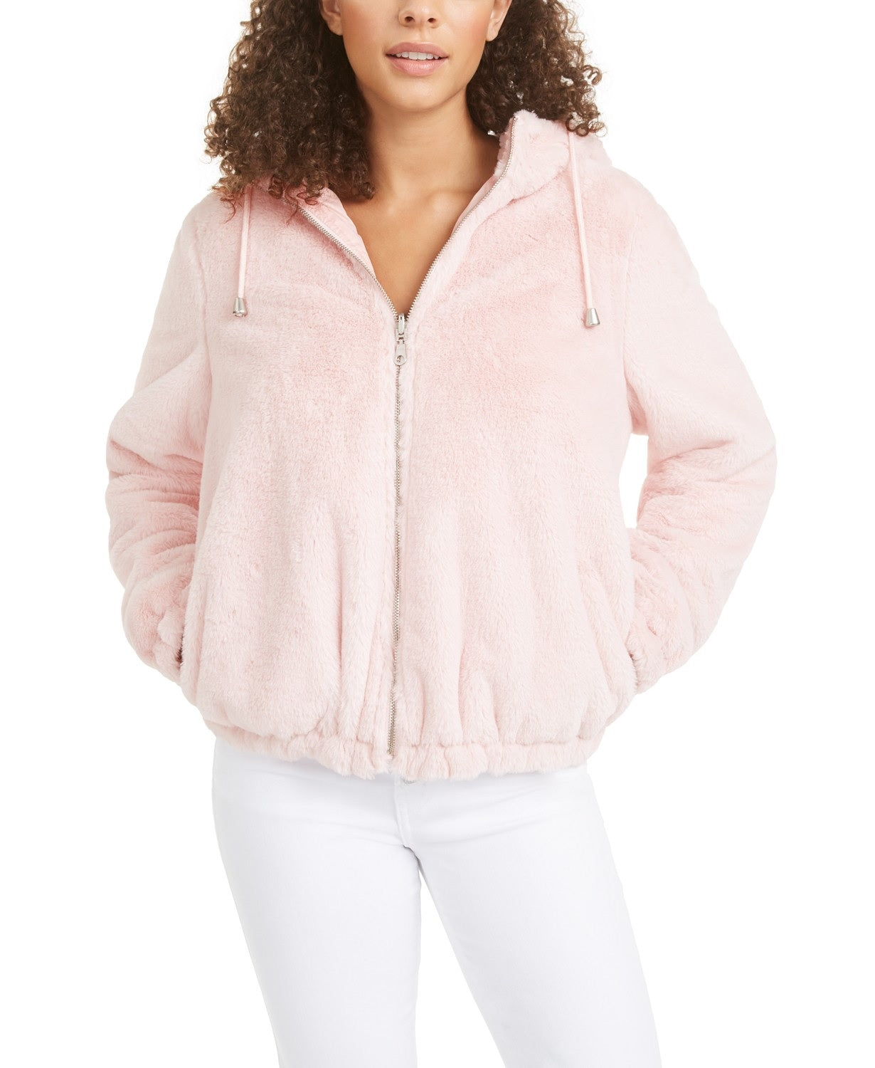 Maralyn & Me Junior's Reversible Cropped Hooded Faux Fur Coat Pink Size Medium