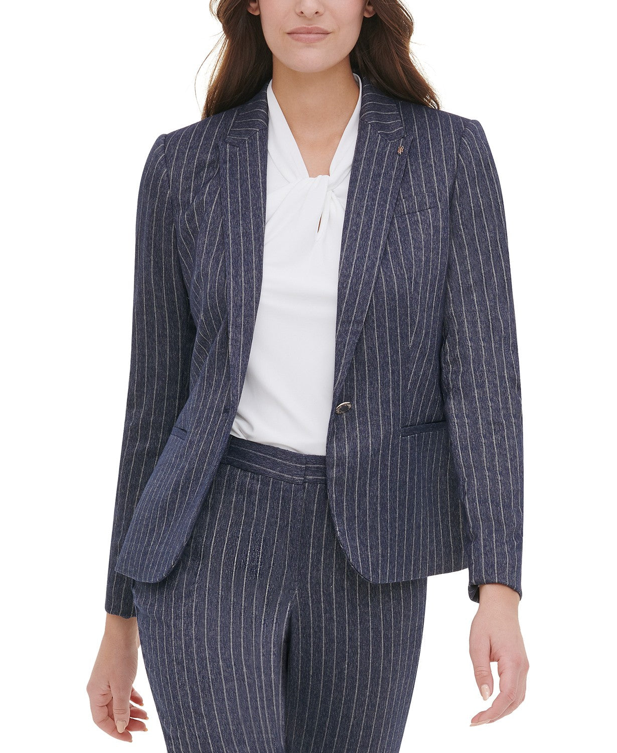 Tommy Hilfiger Women's Pinstripe Peak-Lapel Blazer Navy Size 14