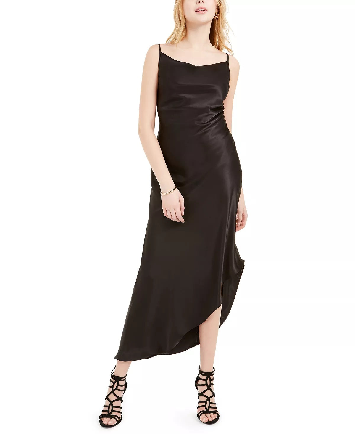 Bebe Junior's Asymmetrical Satin Midi Dress Black Size X-Large